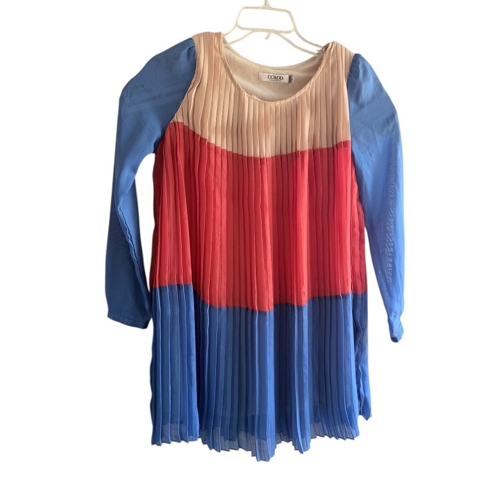 Colorblock CC&DD Mini Dress Pleated Shift Size M Pink Red Blue Sheer Sleeve‎